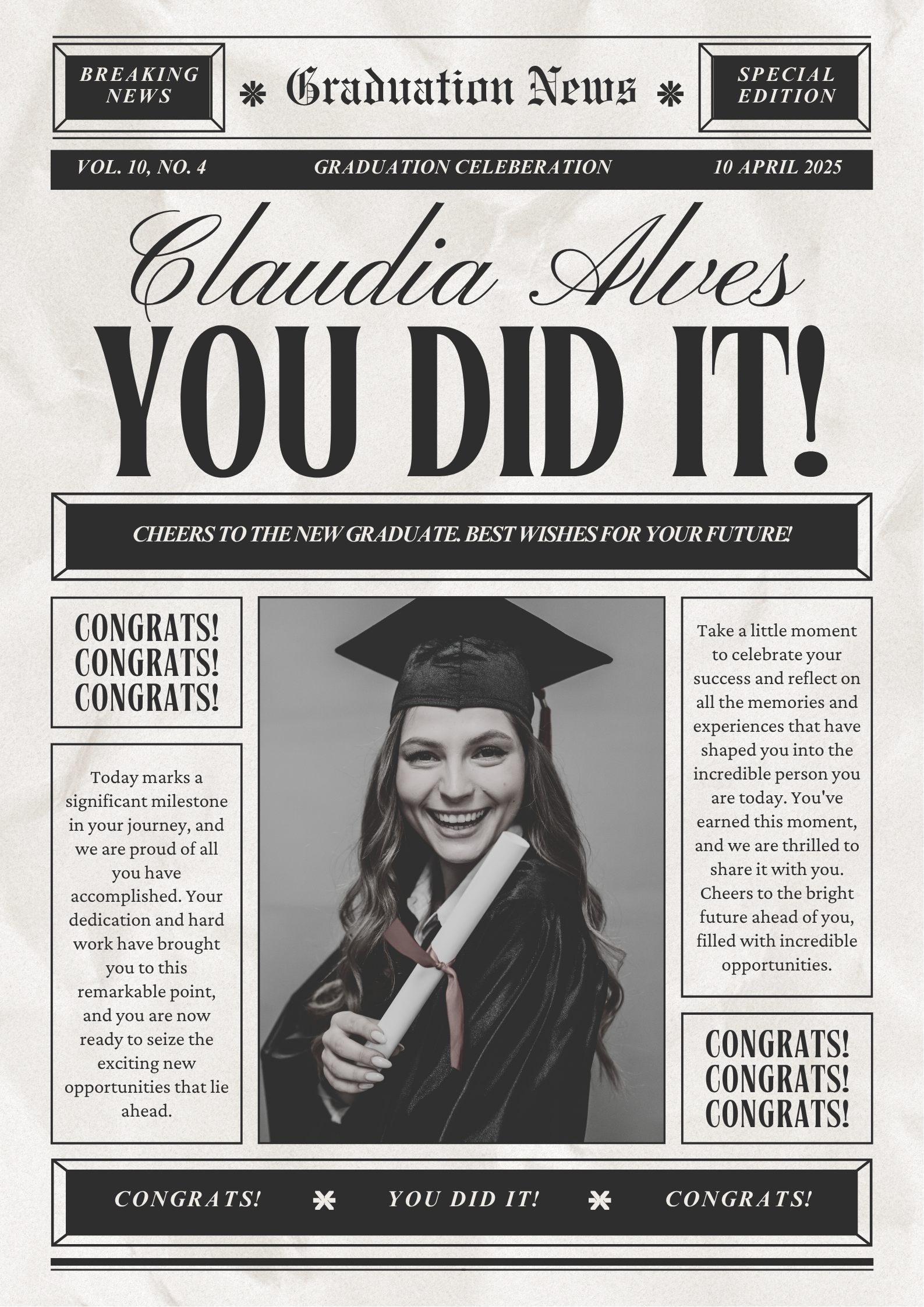 Black and Beige Vintage Newspaper Graduation Announcement Poster
